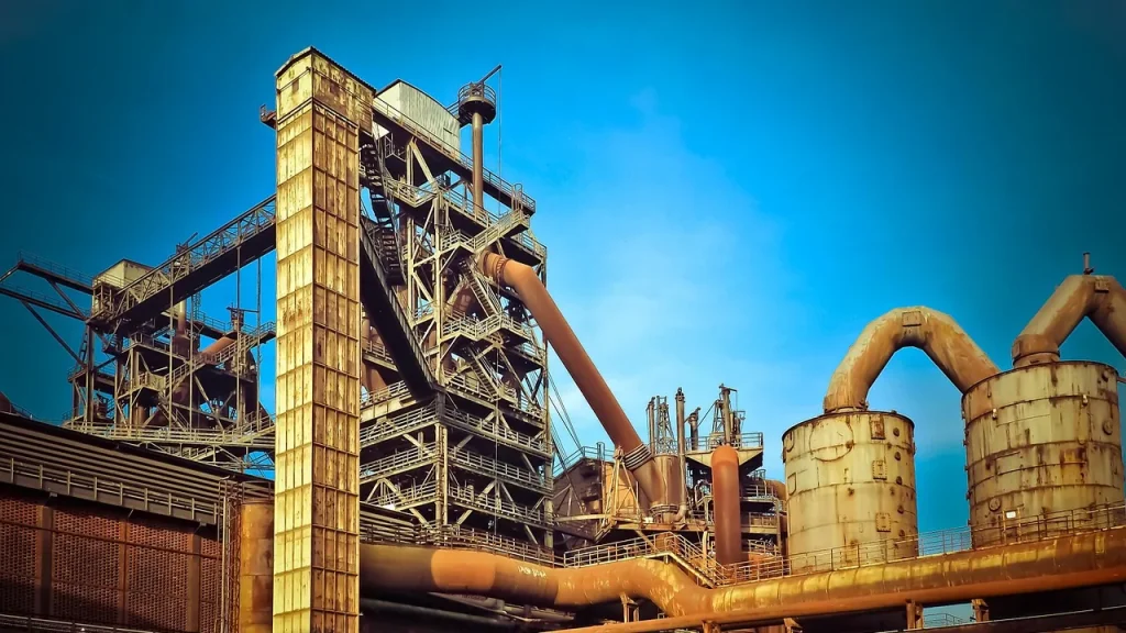An industrial blast furnace exterior at a steel plant