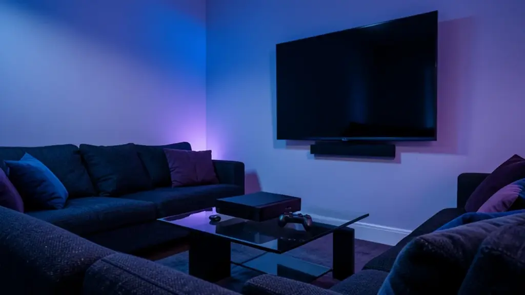 Gaming lounge with console and controllers