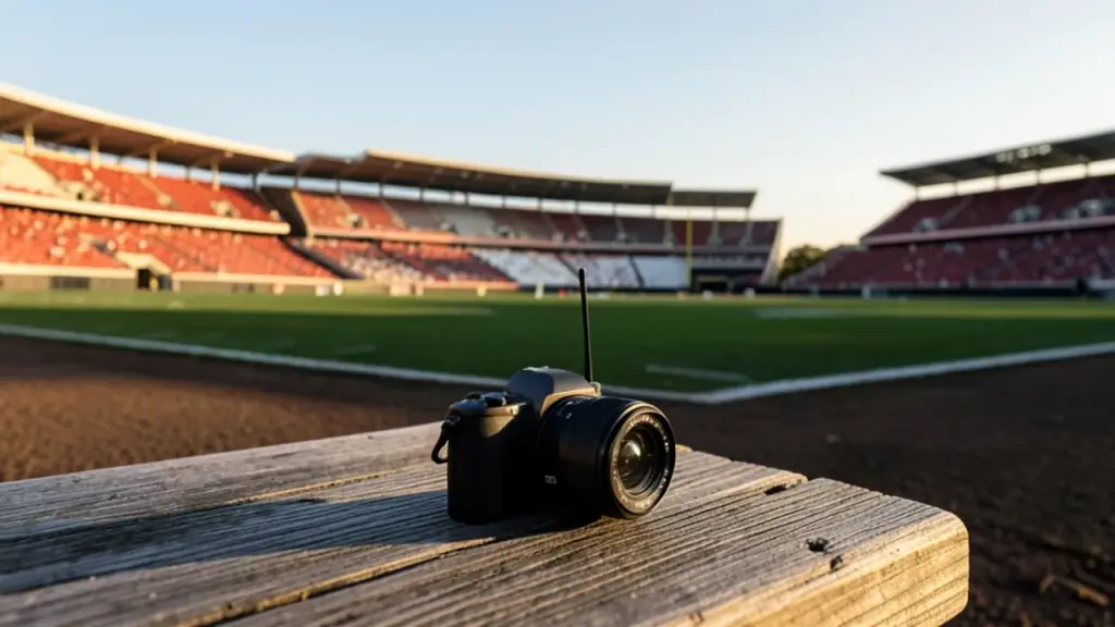 Portable camera on a bench beside an empty stadium