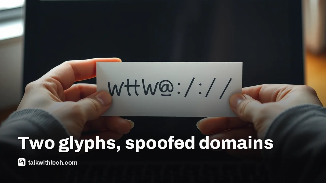 Hands holding a printed domain card with two subtle non-ASCII glyph marks