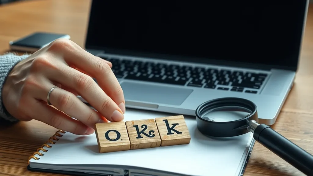 Researcher arranging wooden glyph tiles and loupe at a desk