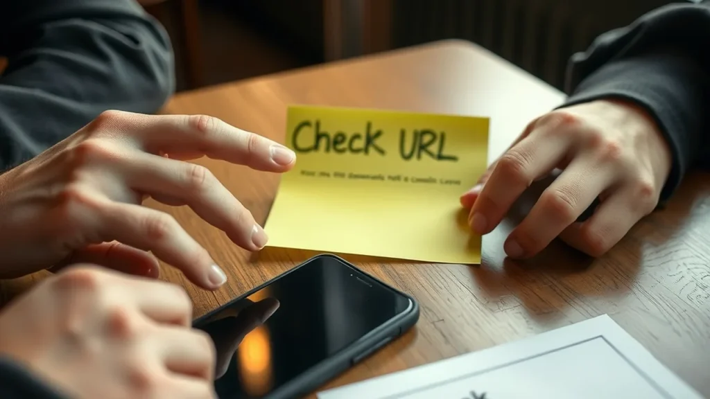 User pointing at printed flyer comparing two nearly identical domains