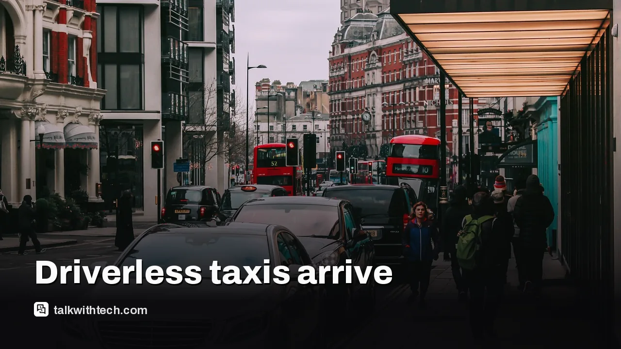 A city street with a futuristic autonomous taxi in operation