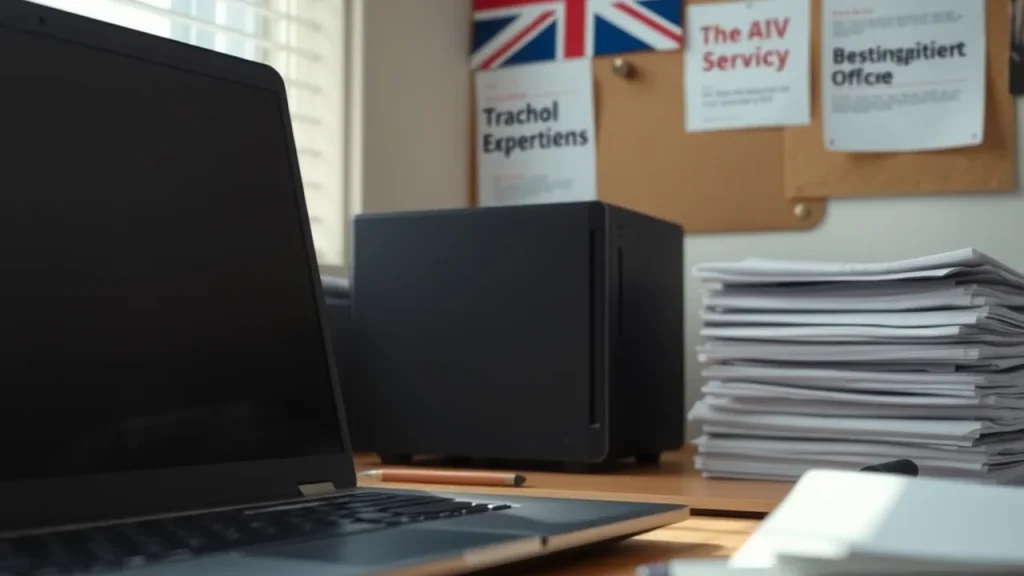 Mini-server on shelf in small UK office with turned-away laptop and blurred bulletin board.
