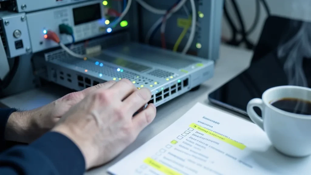 Technicians' hands over server rack and network switch with paperwork
