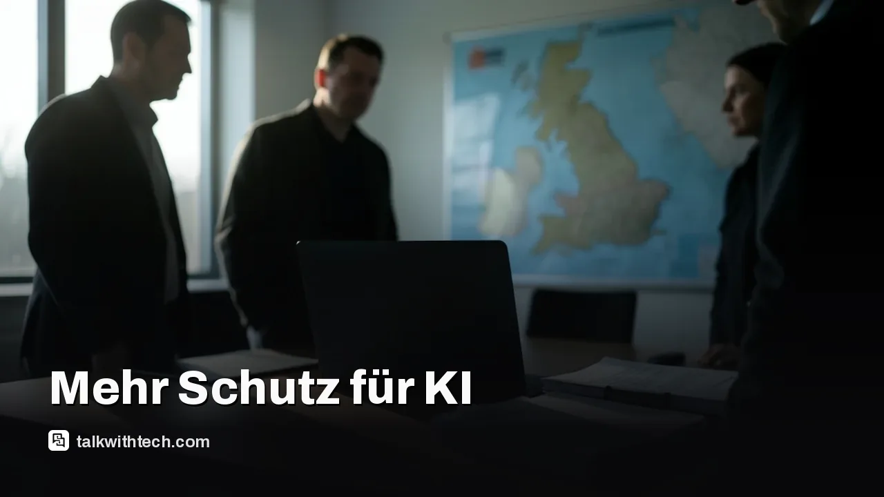Laptop und AISI‑Mappe auf einem Briefingtisch in einem Regierungsraum für Cyberabwehr