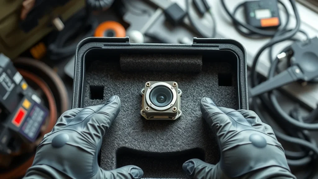 Hands fitting a small space sensor into foam case with blurred defence kit behind
