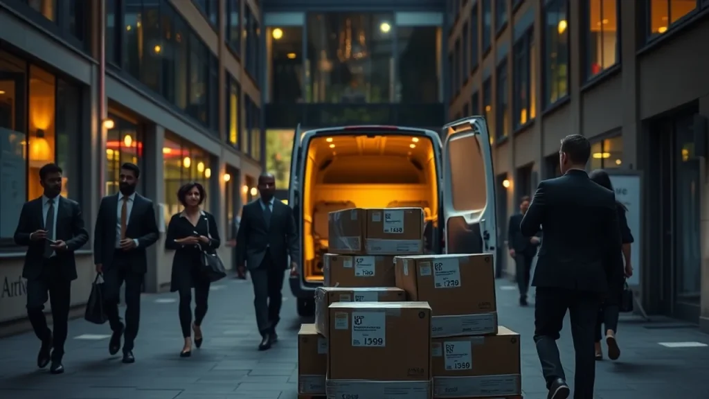 Campus courtyard at dusk with delivery crates and silhouetted professionals walking