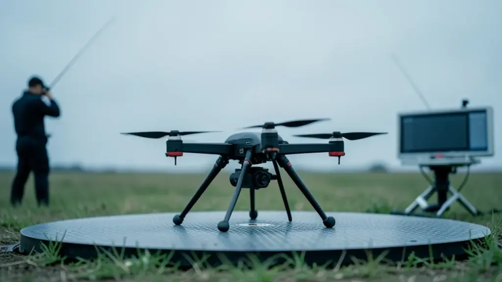 Drone on launch pad with portable satellite terminal blurred in background, technician silhouette.