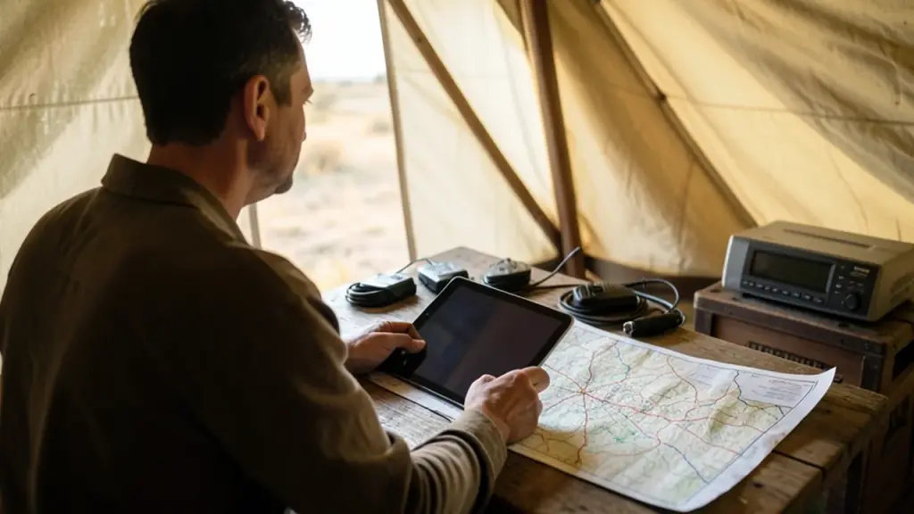 Aid worker’s hands holding dark tablet in tent with closed satellite terminal and radios on table.