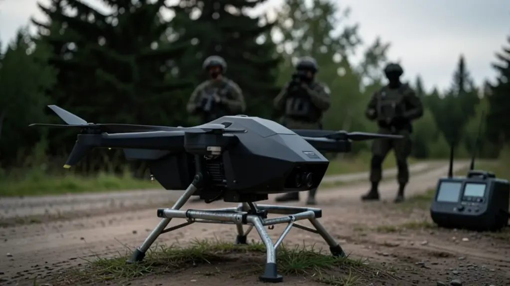Recon drone on launch rail with soldiers and inactive satellite modem nearby