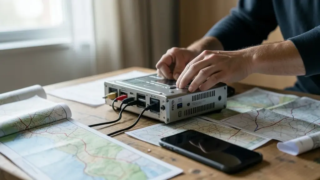 Volunteer hands adjusting a satellite terminal on a table with maps, smartphone face-down