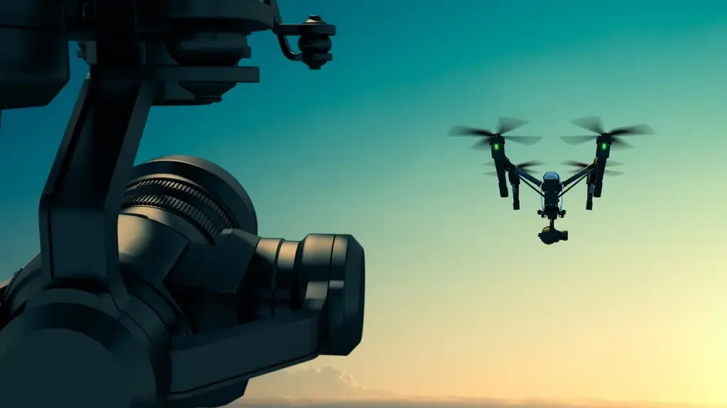 A drone flying above a rural or desert landscape