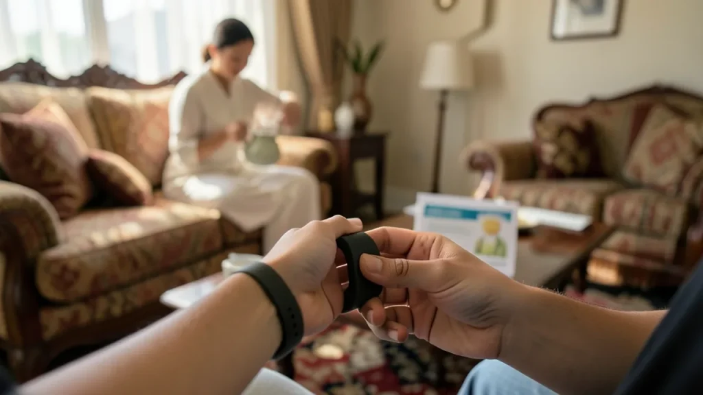 Hands holding wrist tracker in UAE home, family in background