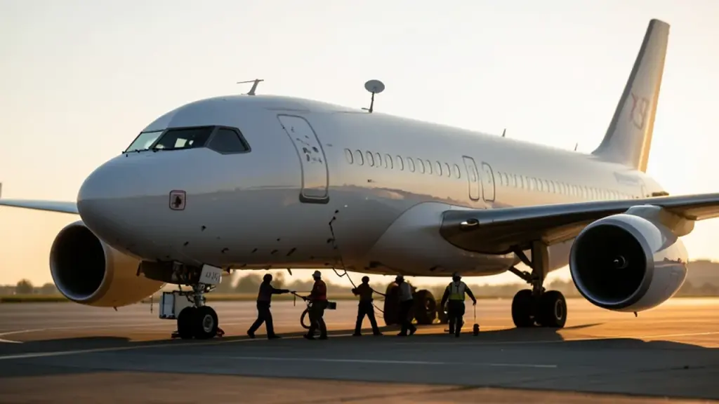 Airplane on tarmac with crew installing a small satellite antenna on the fuselage