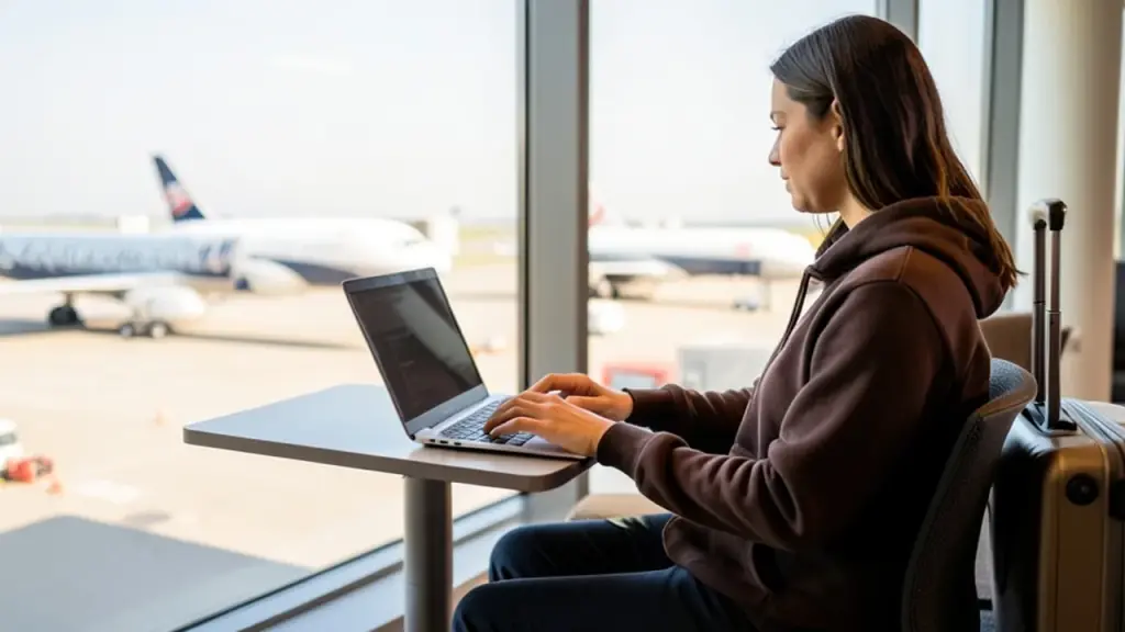Traveler working on laptop at airport window with planes on the runway