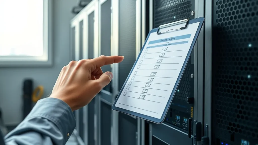 Admin hands pointing to a row of network devices with clipboard in server room