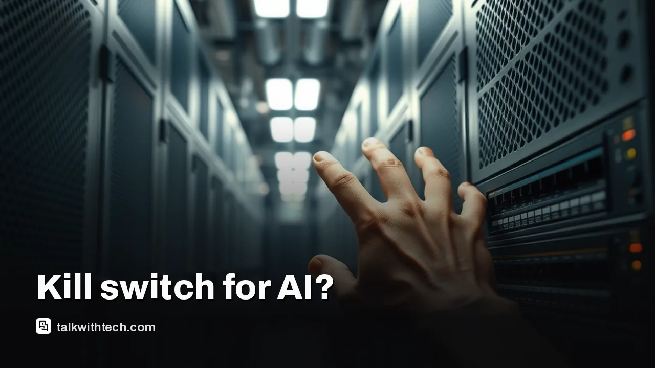 Hand reaching toward a dark network switch in a data centre aisle.