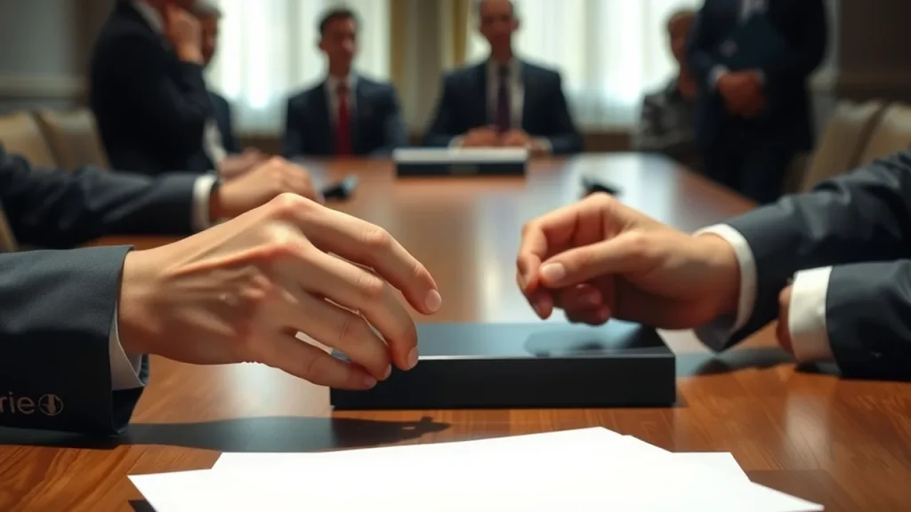 Hands clasping a sealed envelope beside plain silicon wafers and chip carrier box.