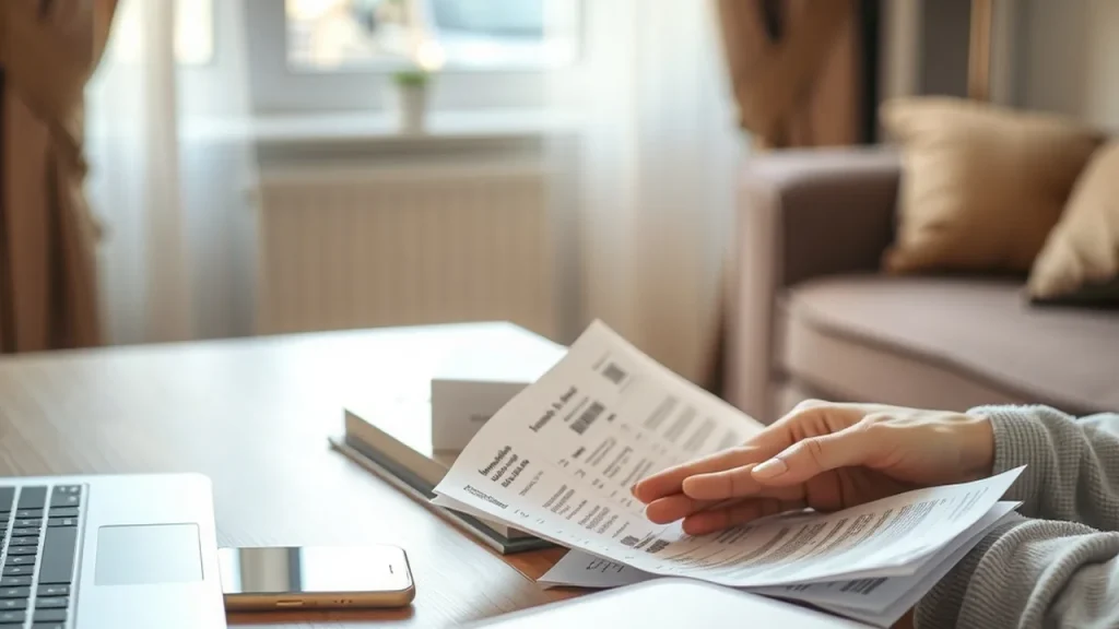 Hands sorting cloud service bills by a closed laptop and phone on a living room table.