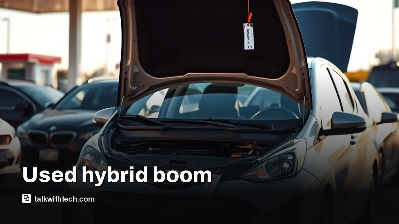 Used hybrid hatchback on a suburban used-car lot, gas station blurred in background