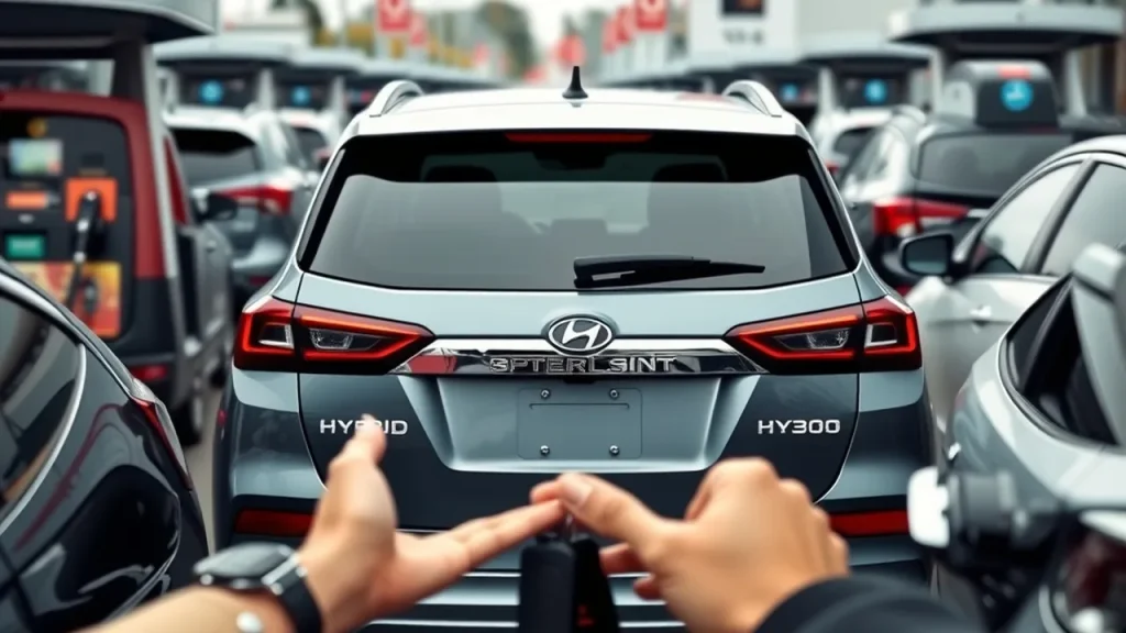 Midsize hybrid SUV squeezed between gasoline cars, shopper's hands pointing