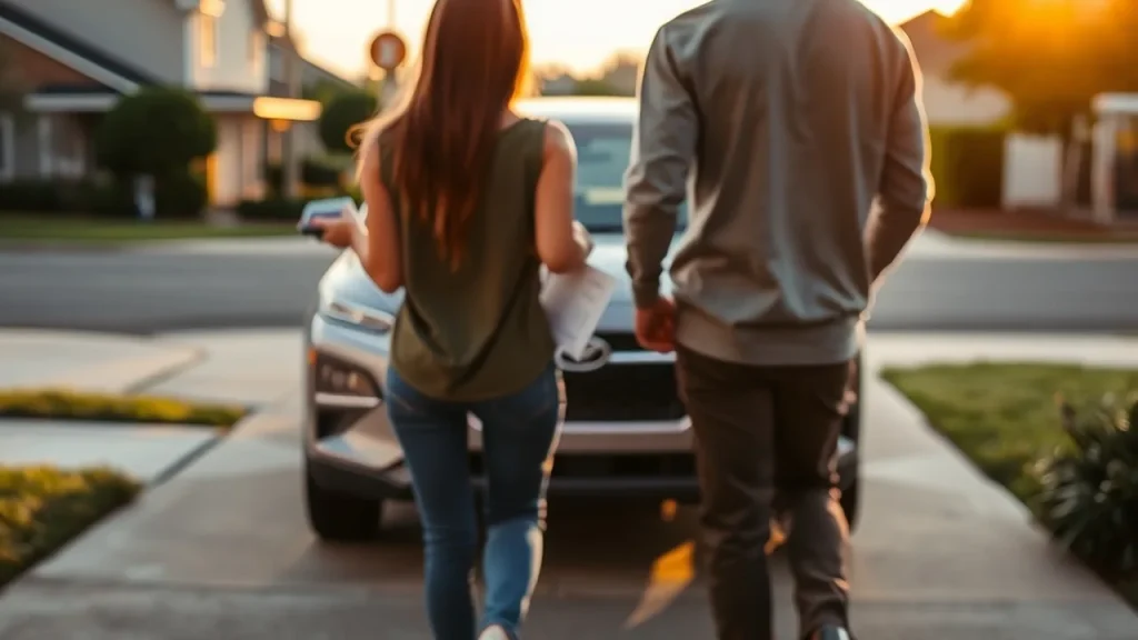 Couple from behind weighing hybrid purchase in driveway, holding gas receipt and calculator