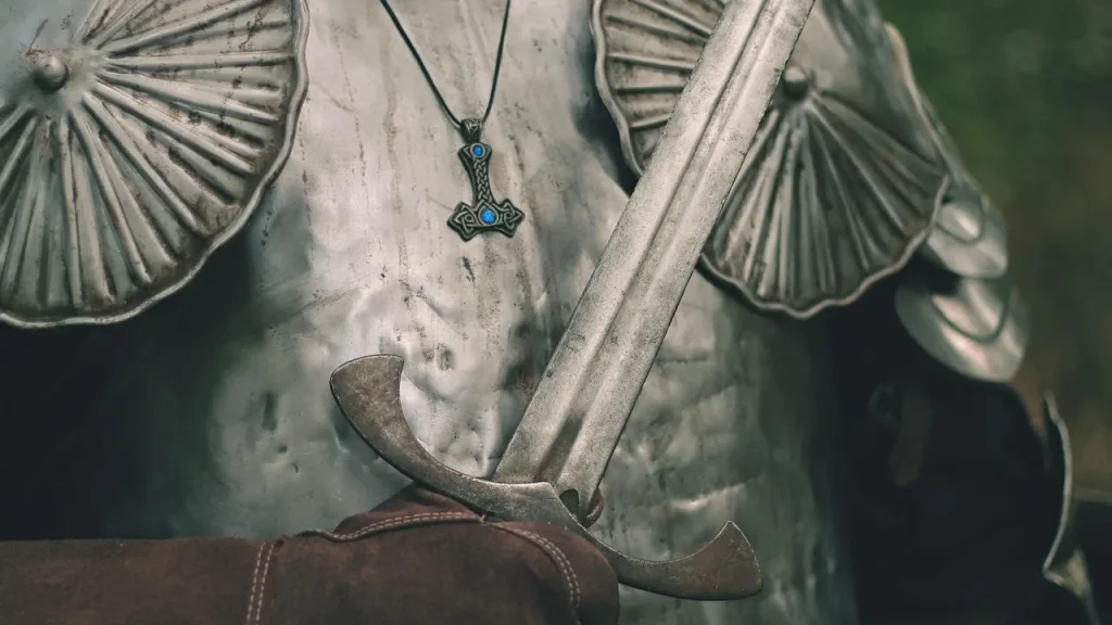 First-person view of a sword duel in a ruined hall
