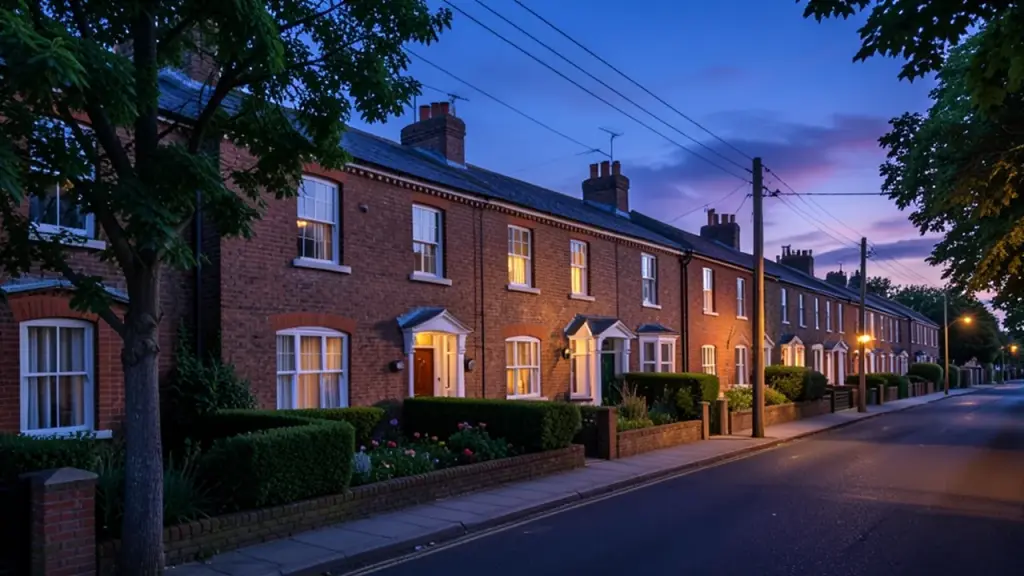 Terraced houses with overhead telecom cables at dusk