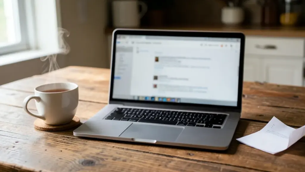 Laptop with an email inbox on a kitchen table
