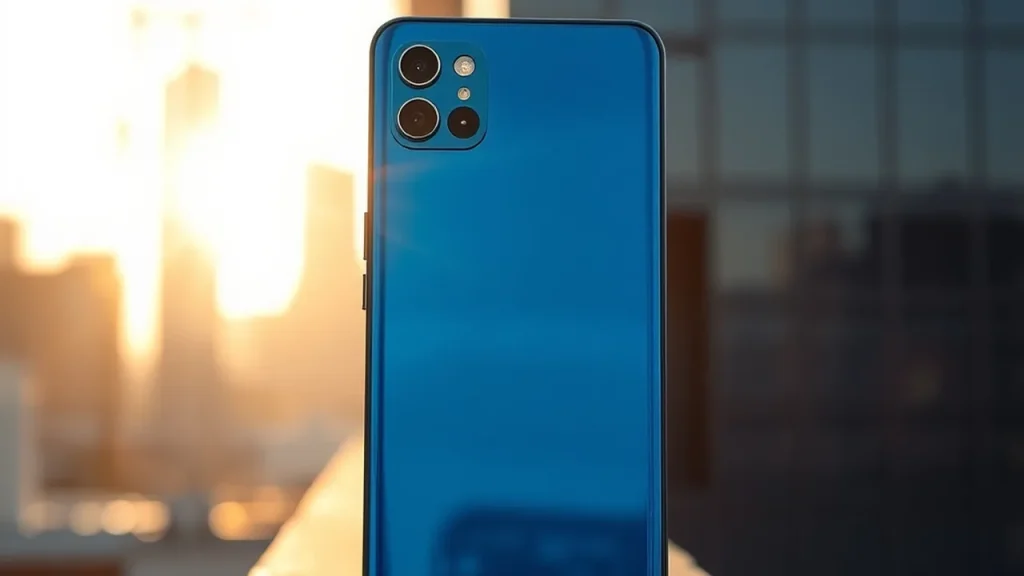 Blue foldable phone upright on a ledge showing hinge and frosted back.