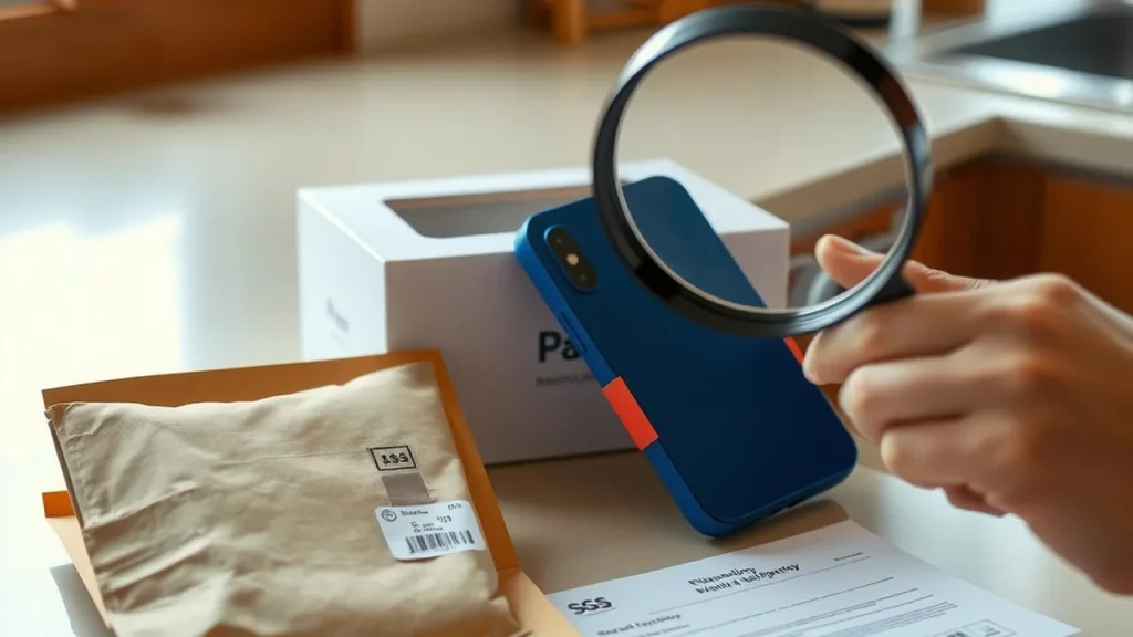 Blue foldable phone on counter with shipping envelope and warranty papers, hands inspecting documents.