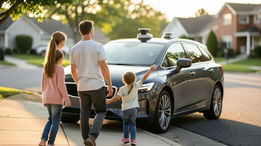 Family silhouette approaching Volvo with rooftop sensor array on quiet street