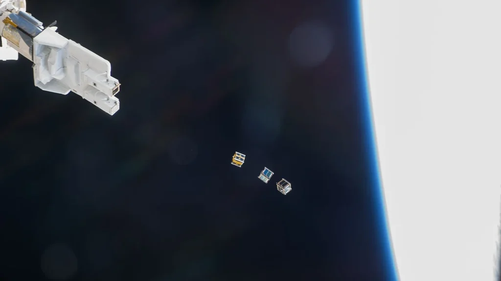 Satellite payloads being deployed from a rocket