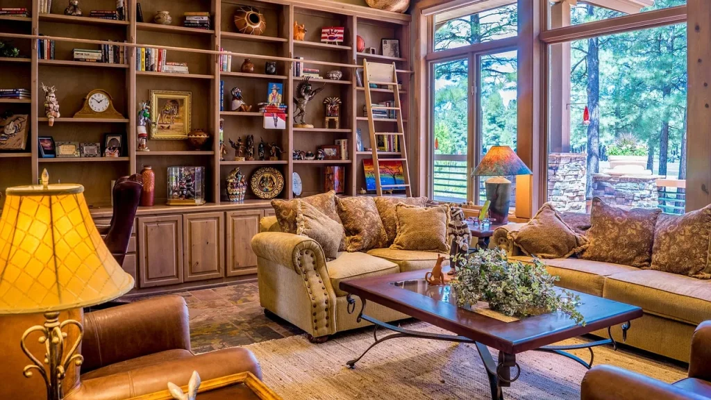 A cozy living room showing furniture layout around a TV