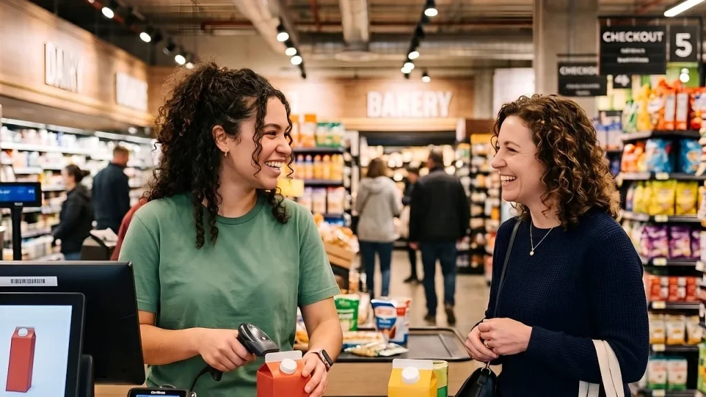 Customer at a checkout counter with a cashier
