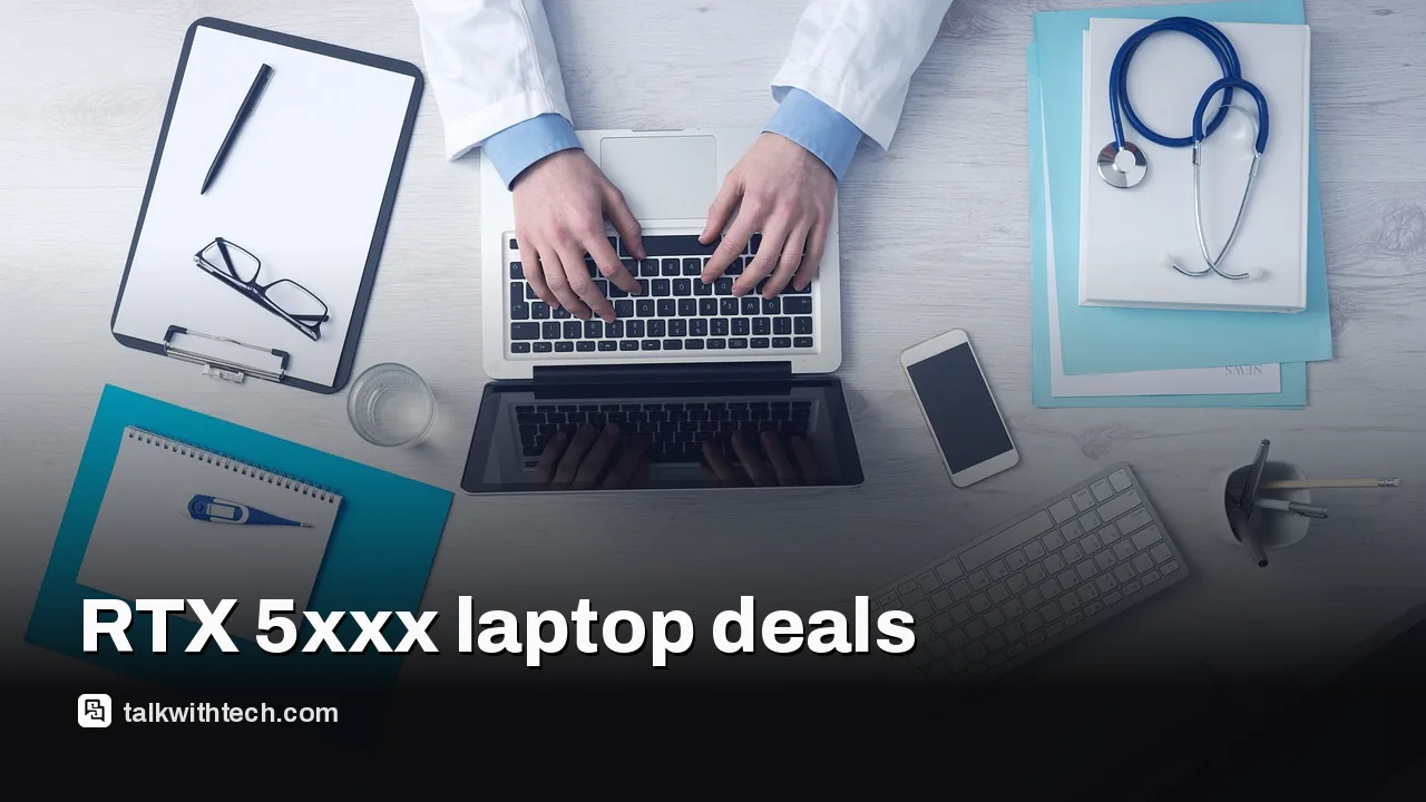 A gaming laptop on a desk with a dark background