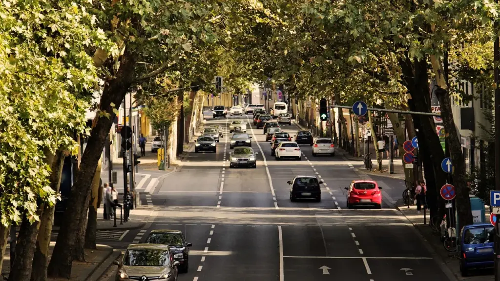 A street scene with a generic autonomous vehicle in an urban setting