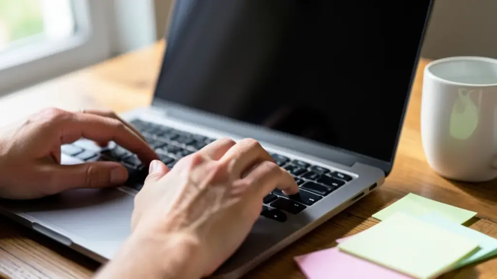 Hands typing on a laptop with sticky notes nearby