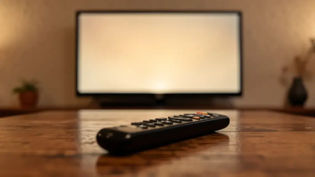 TV remote on a coffee table in front of a glowing television
