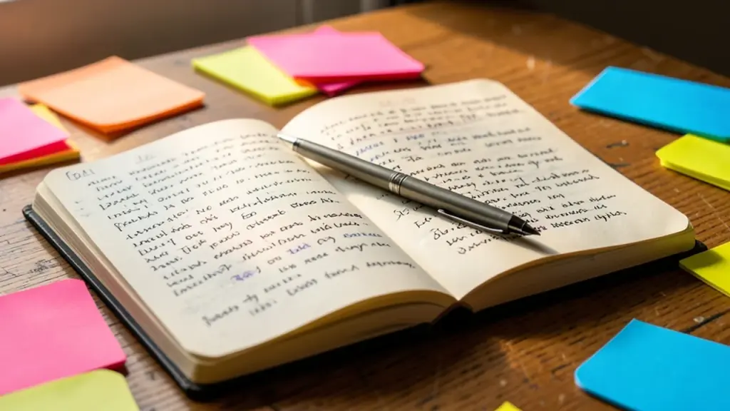 An open paper journal with a pen on a wooden desk