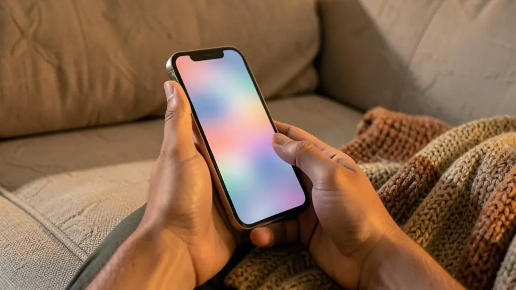 Hands holding a smartphone on a couch under a knitted blanket