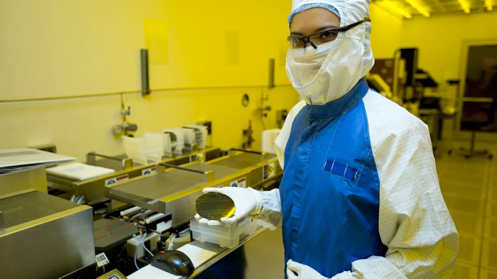 Close-up of a silicon wafer being processed