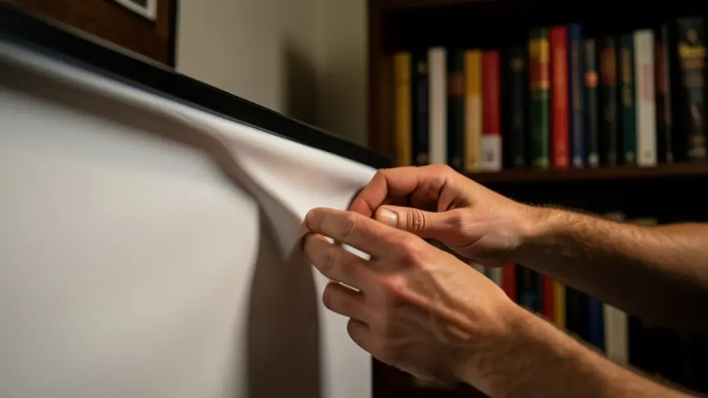 Close-up of projector screen setup in a cozy home theater.
