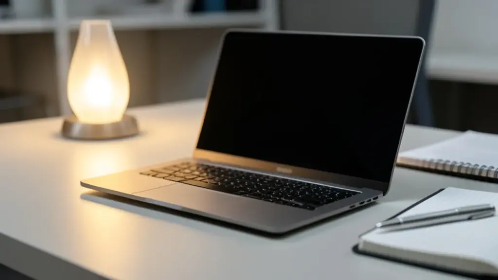 Slim laptop from a side angle with mood lighting.