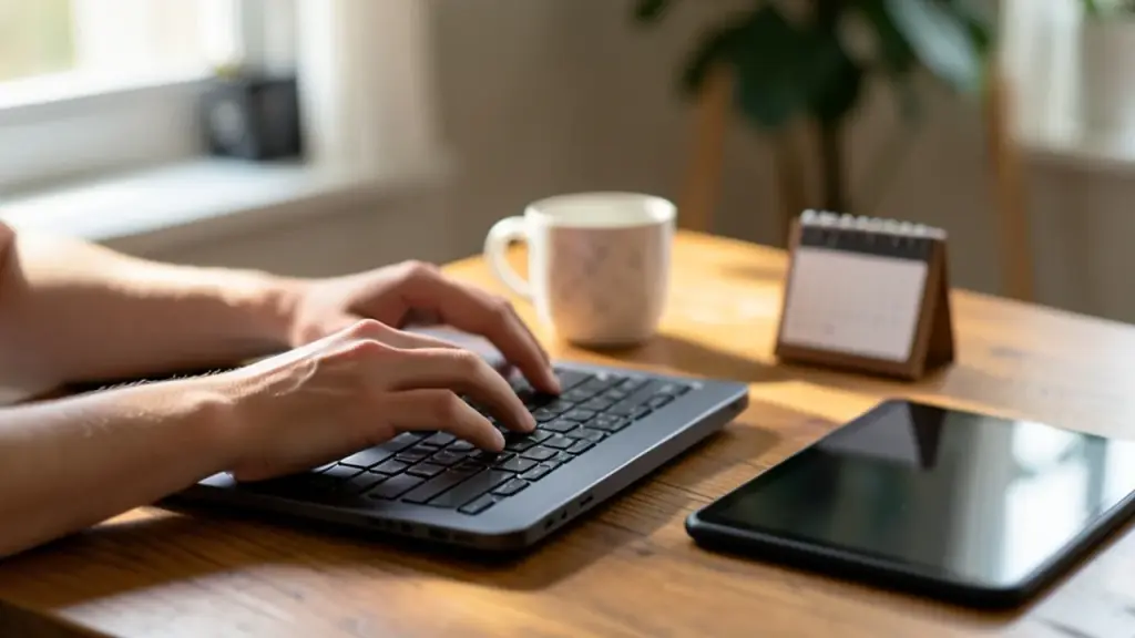 Hands using a laptop in a cozy home setting.