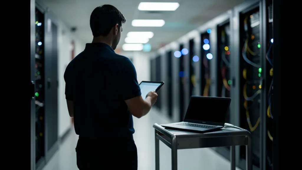 Silhouetted technician at server rack doorway with a dark-screen laptop on a cart.