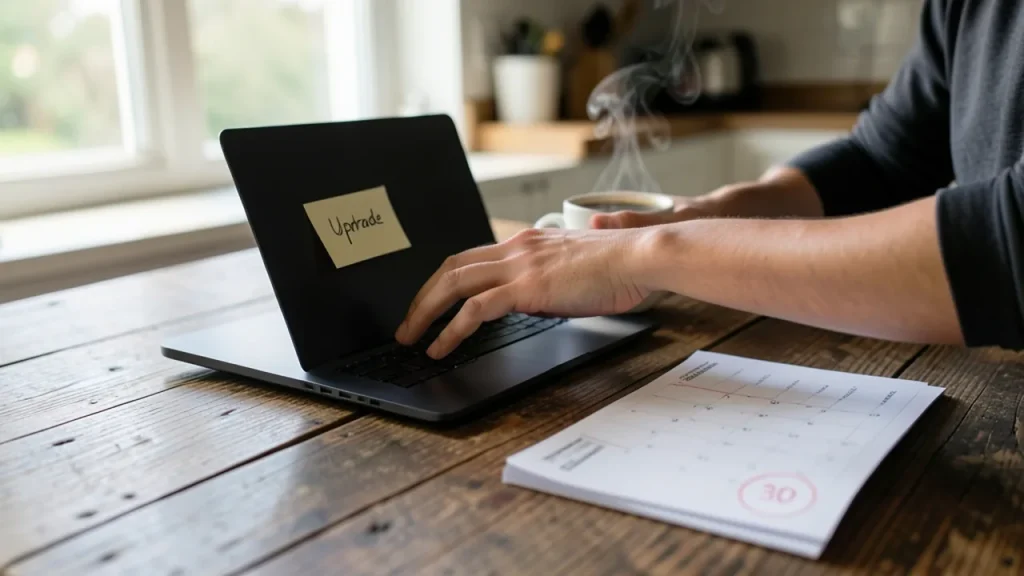 Hands at a kitchen table with a closed business laptop, reminder calendar circled '30 days', coffee.