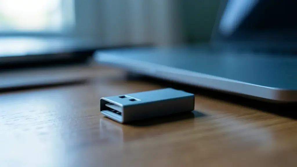 A USB flash drive beside a closed laptop