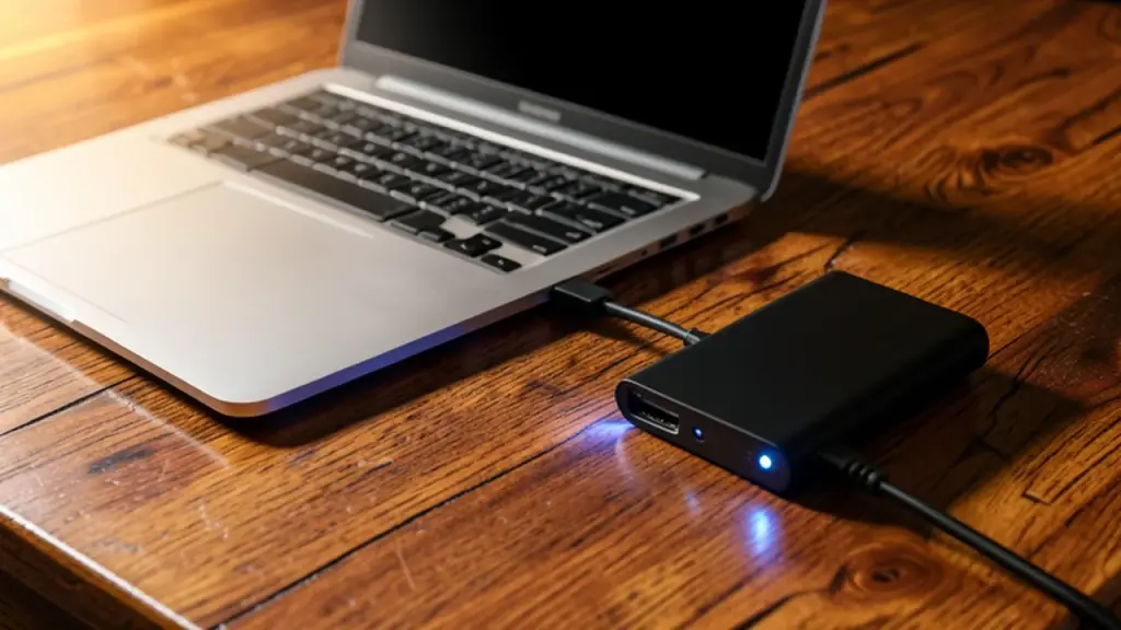 An external hard drive connected to a laptop for a backup